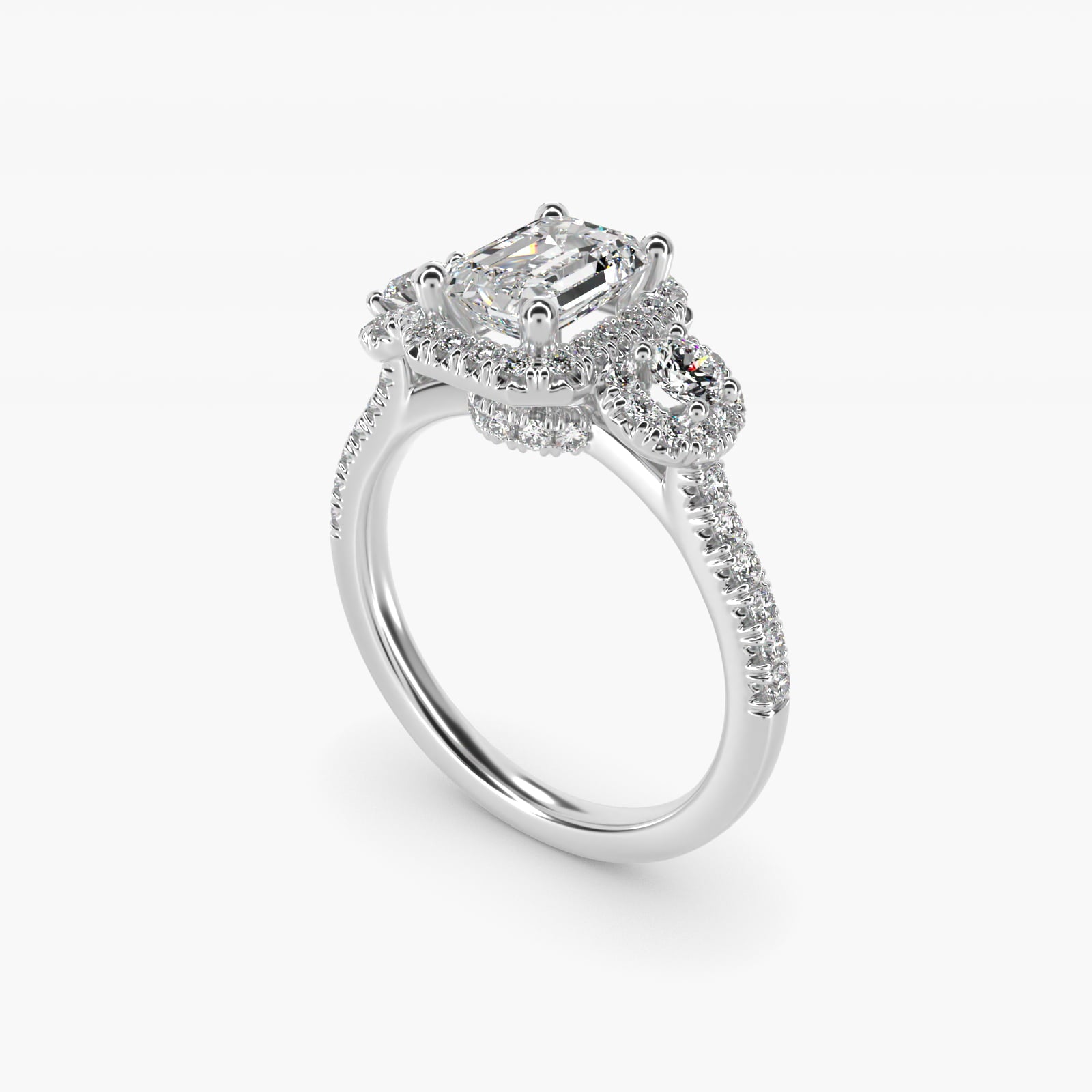Three-Stone Halo Diamond Engagement Ring in 18k White Gold - Emerald Center