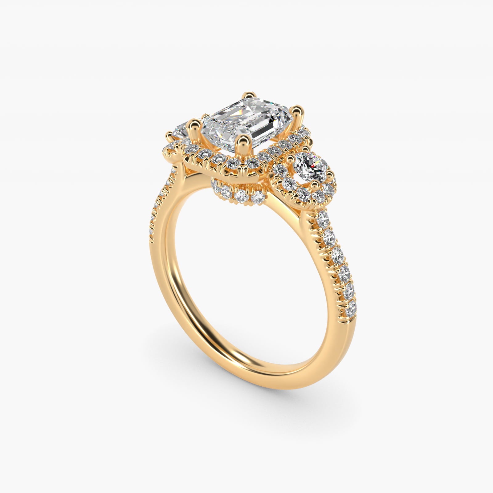 Three-Stone Halo Diamond Engagement Ring in 14k Yellow Gold - Emerald Center