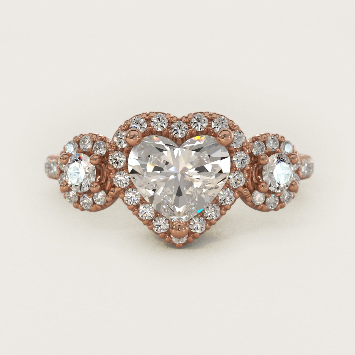 Three-Stone Halo Diamond Engagement Ring in 18k Rose Gold - Heart Center