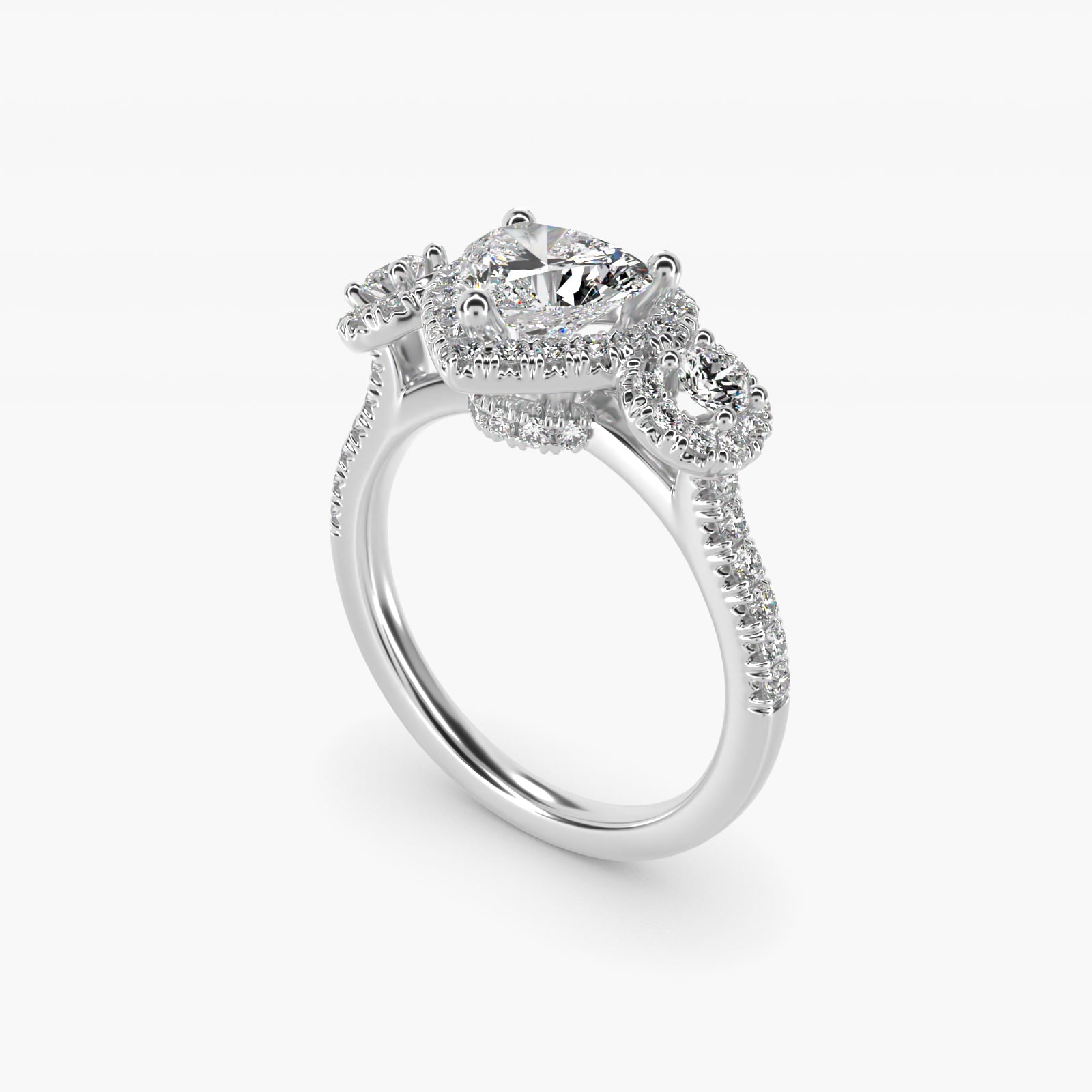 Three-Stone Halo Diamond Engagement Ring in 14k White Gold - Heart Center