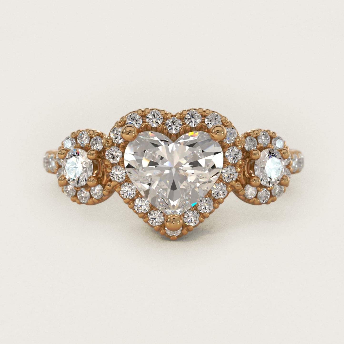 Three-Stone Halo Diamond Engagement Ring in 18k Yellow Gold - Heart Center