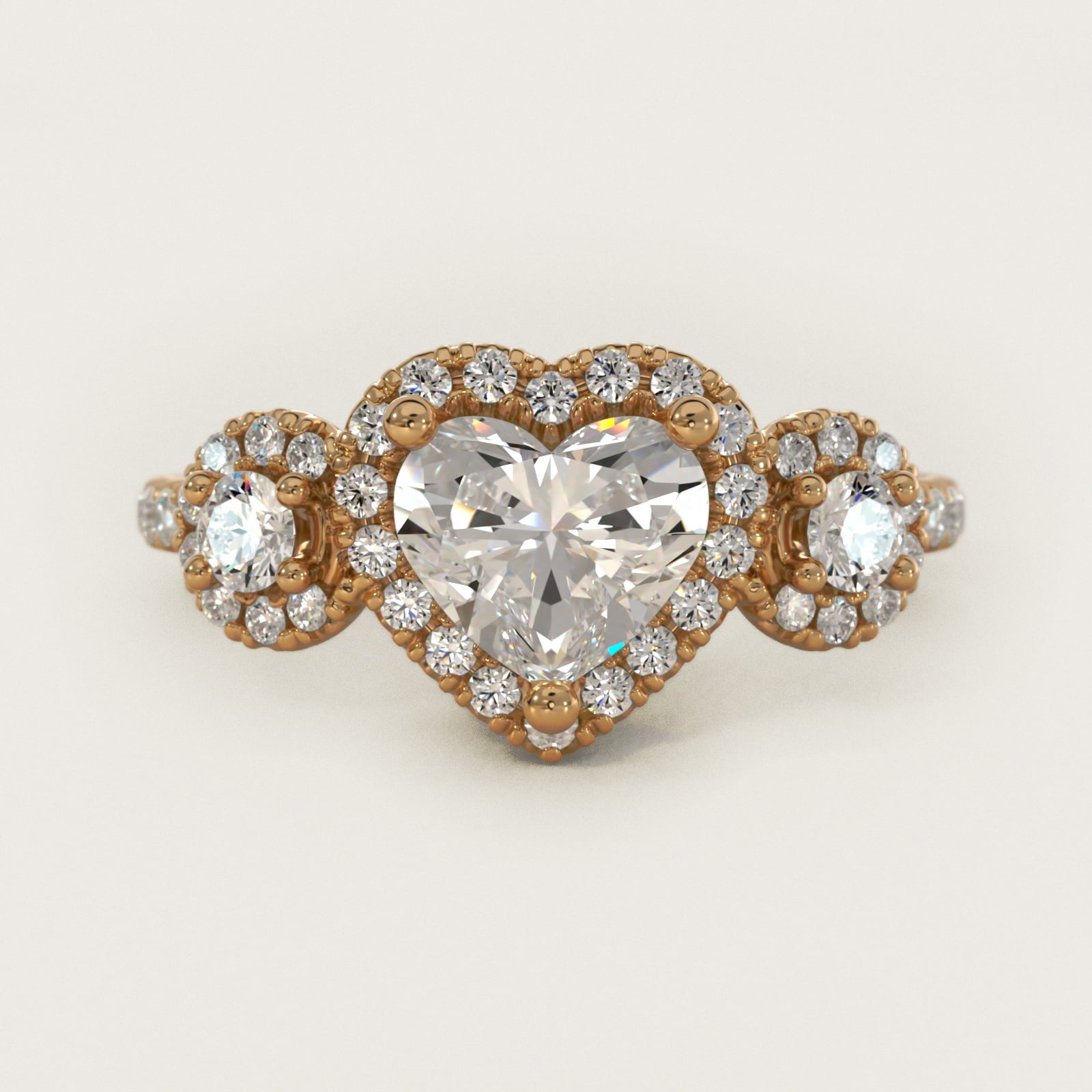 Three-Stone Halo Diamond Engagement Ring in 18k Yellow Gold - Heart Center