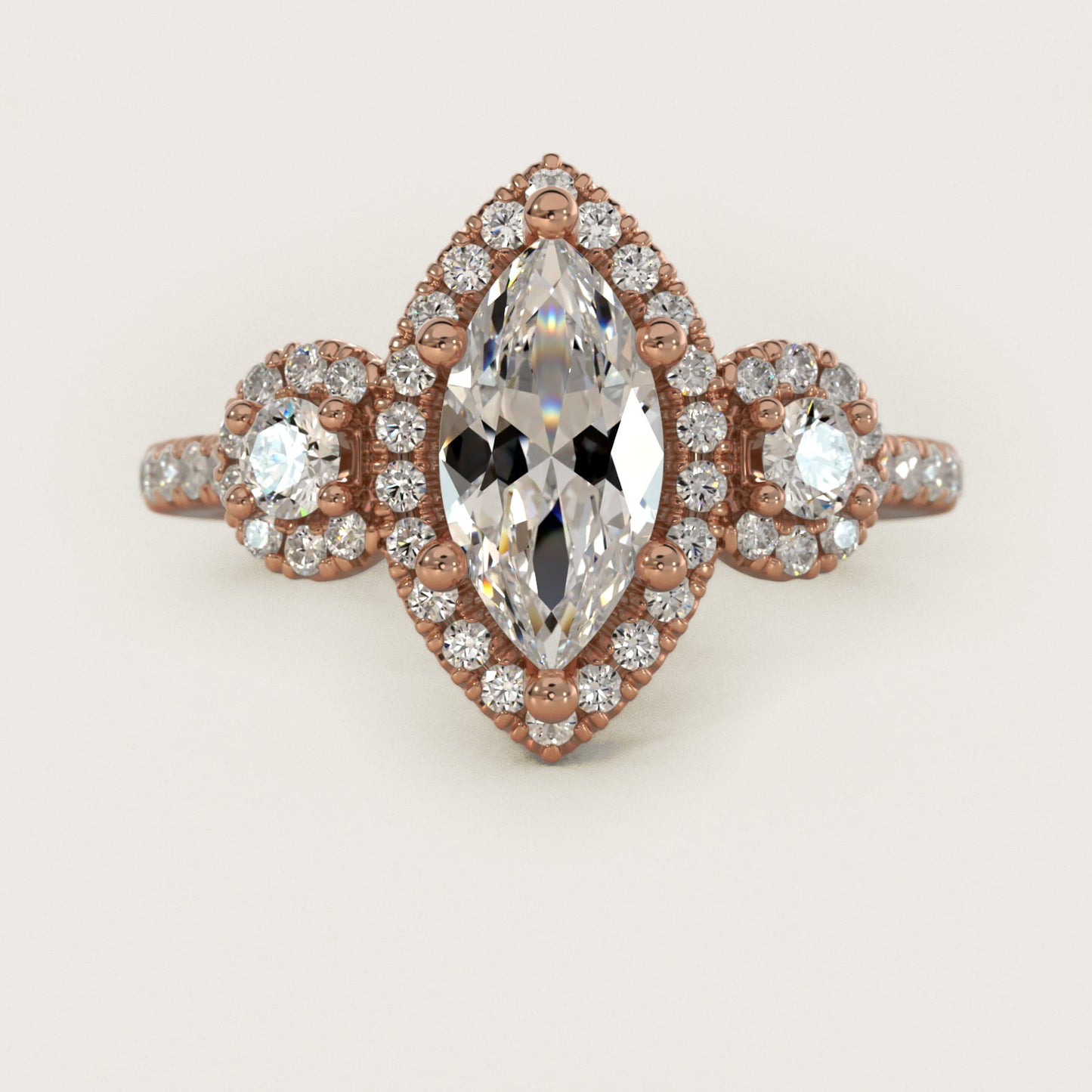 Three-Stone Halo Diamond Engagement Ring in 18k Rose Gold - Marquise Center