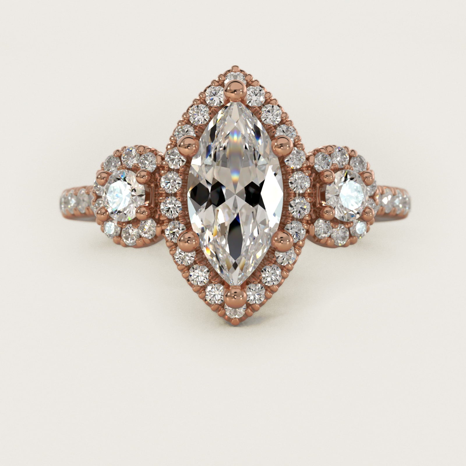 Three-Stone Halo Diamond Engagement Ring in 18k Rose Gold - Marquise Center