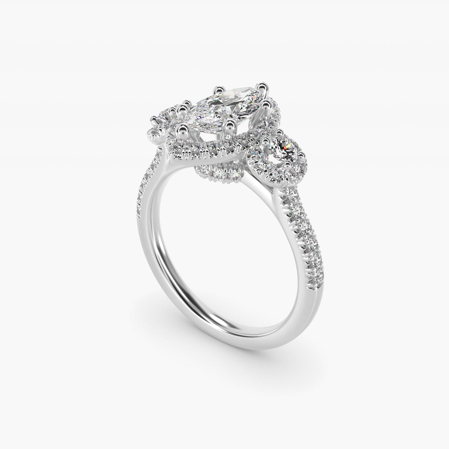 Three-Stone Halo Diamond Engagement Ring in 14k White Gold - Marquise Center