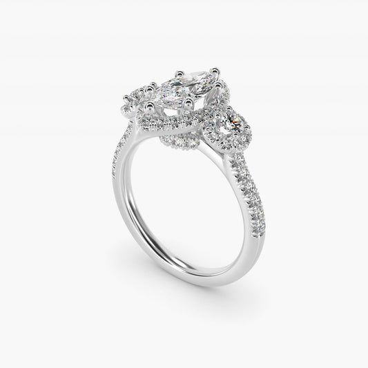 Three-Stone Halo Diamond Engagement Ring in 18k White Gold - Marquise Center