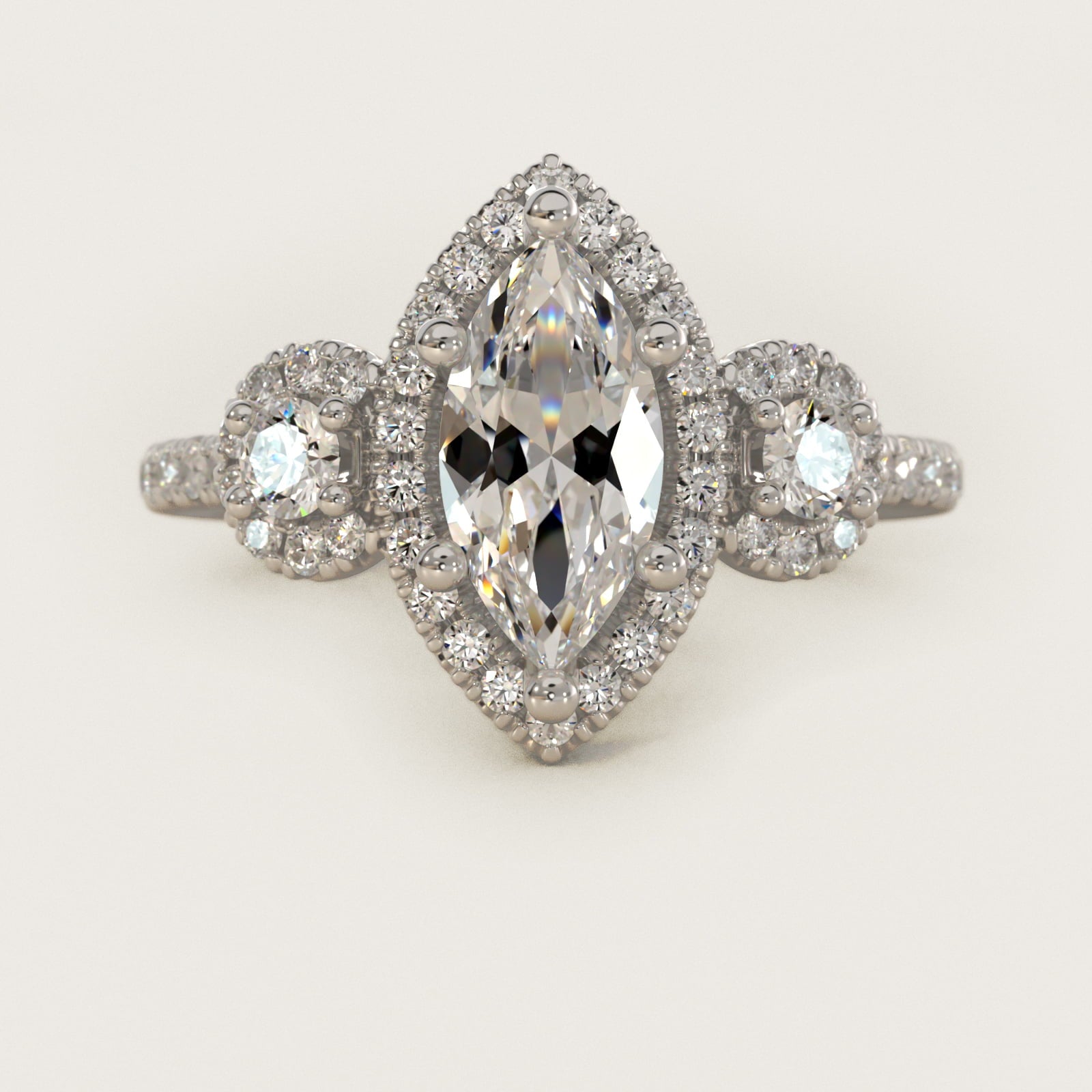 Three-Stone Halo Diamond Engagement Ring in 18k White Gold - Marquise Center