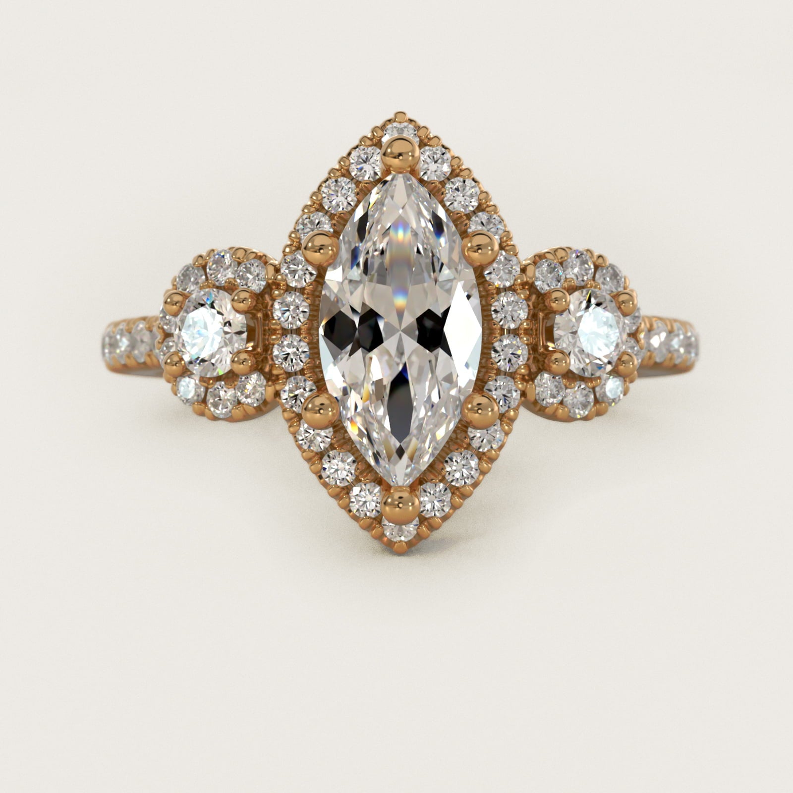 Three-Stone Halo Diamond Engagement Ring in 18k Yellow Gold - Marquise Center
