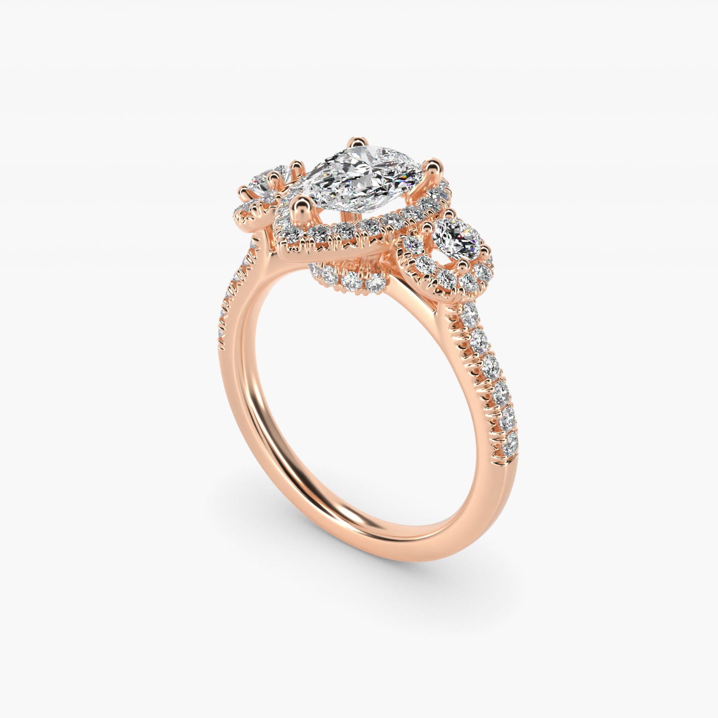 Three-Stone Halo Diamond Engagement Ring in 18k Rose Gold - Pear Center