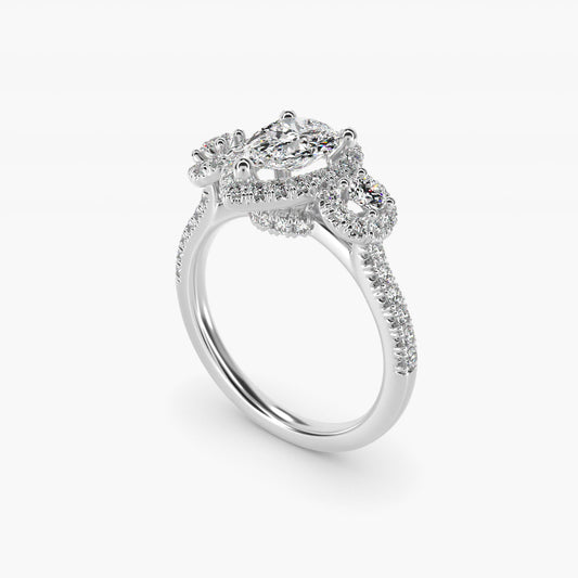 Three-Stone Halo Diamond Engagement Ring in 18k White Gold - Pear Center