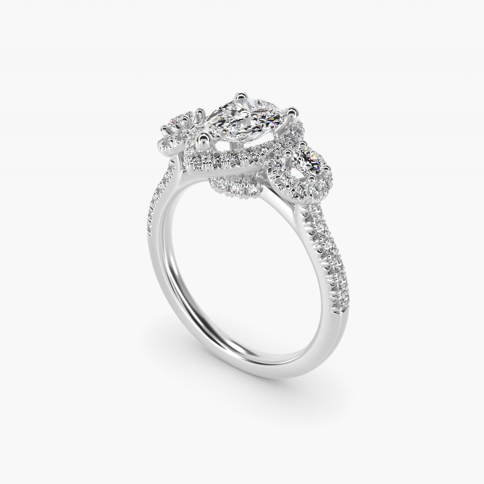 Three-Stone Halo Diamond Engagement Ring in Platinum - Pear Center