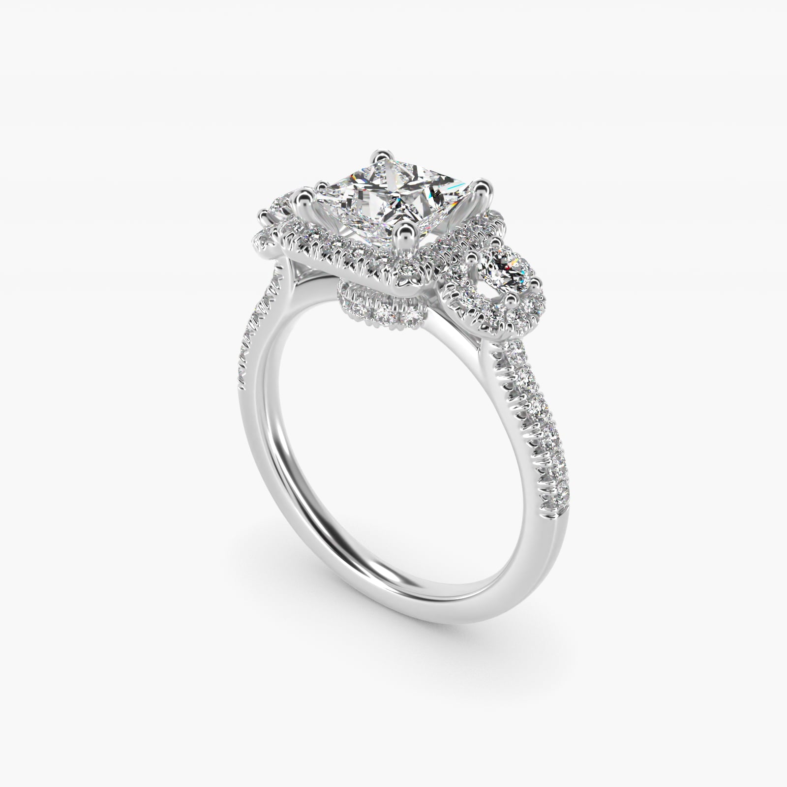Three-Stone Halo Diamond Engagement Ring in 14k White Gold - Princess Center