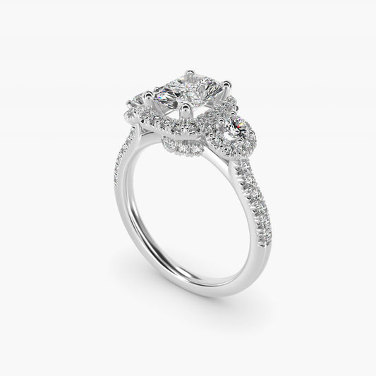 Three-Stone Halo Diamond Engagement Ring in 14k White Gold - Radiant Center