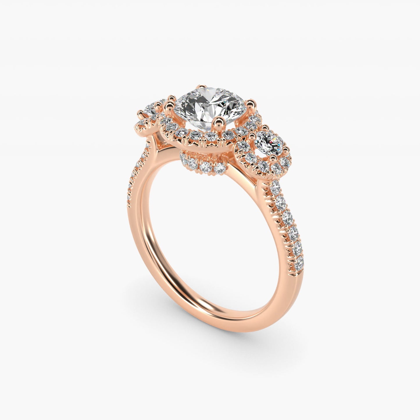 Three-Stone Halo Diamond Engagement Ring in 18k Rose Gold - Round Center