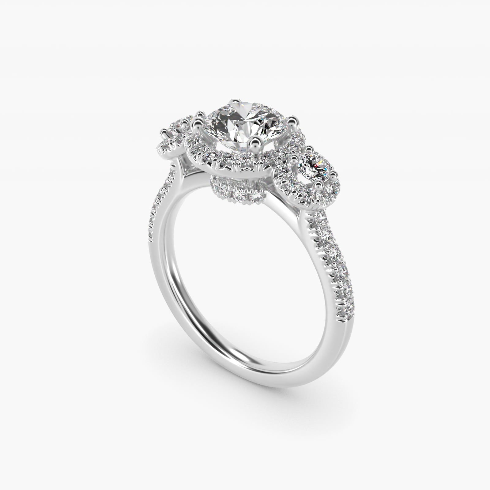Three-Stone Halo Diamond Engagement Ring in 18k White Gold - Round Center