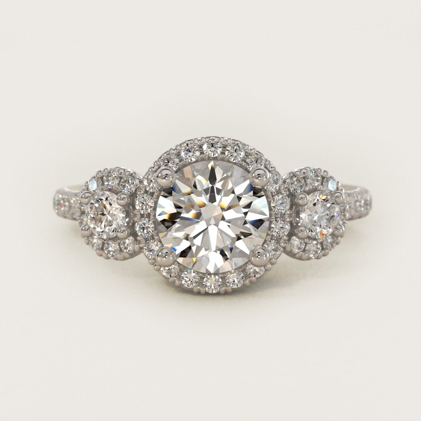 Three-Stone Halo Diamond Engagement Ring in 18k White Gold - Round Center