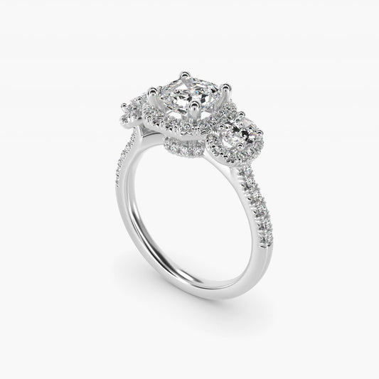 Three-Stone Oval Halo Diamond Engagement Ring in 14k White Gold - Asscher Center