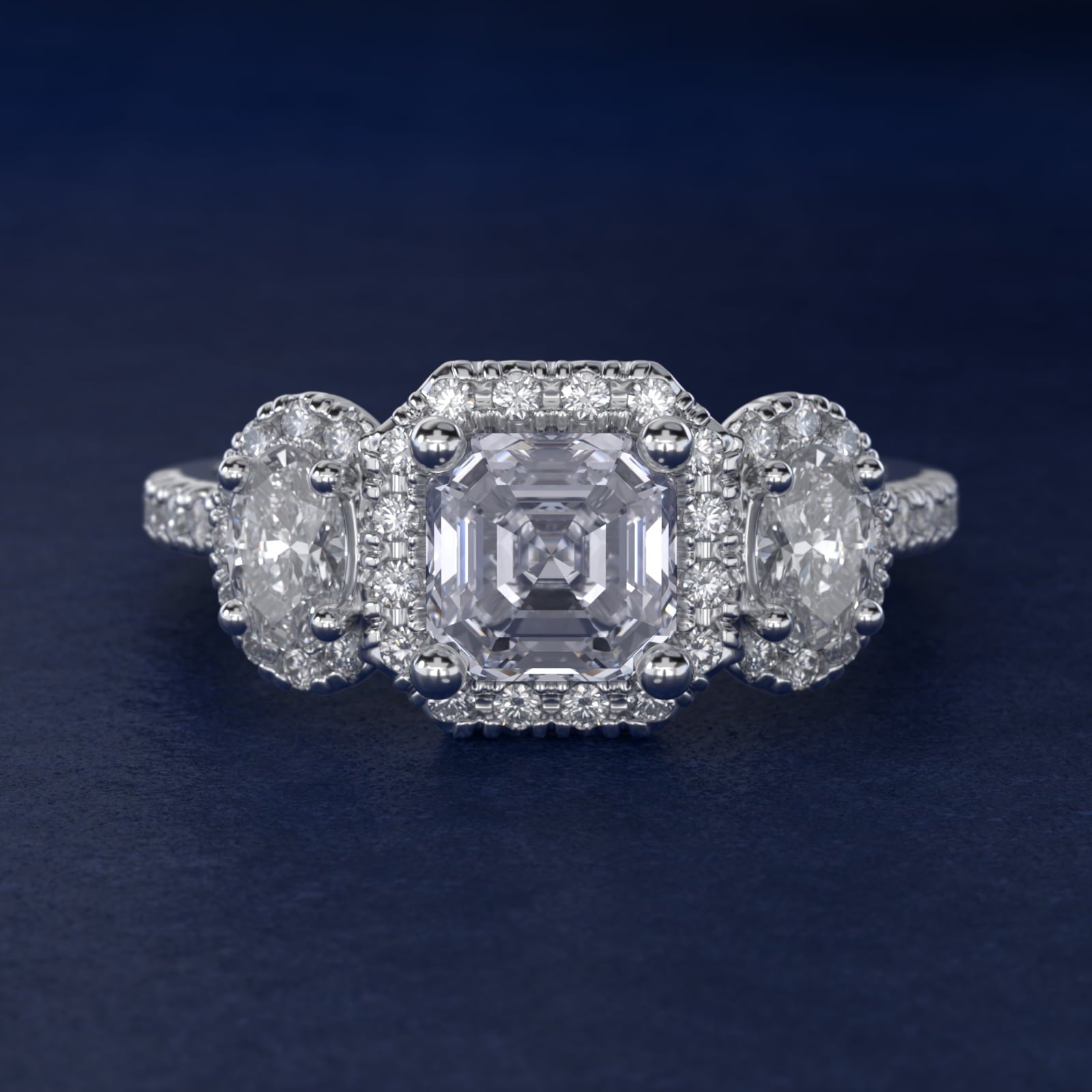 Three-Stone Oval Halo Diamond Engagement Ring in 14k White Gold - Asscher Center