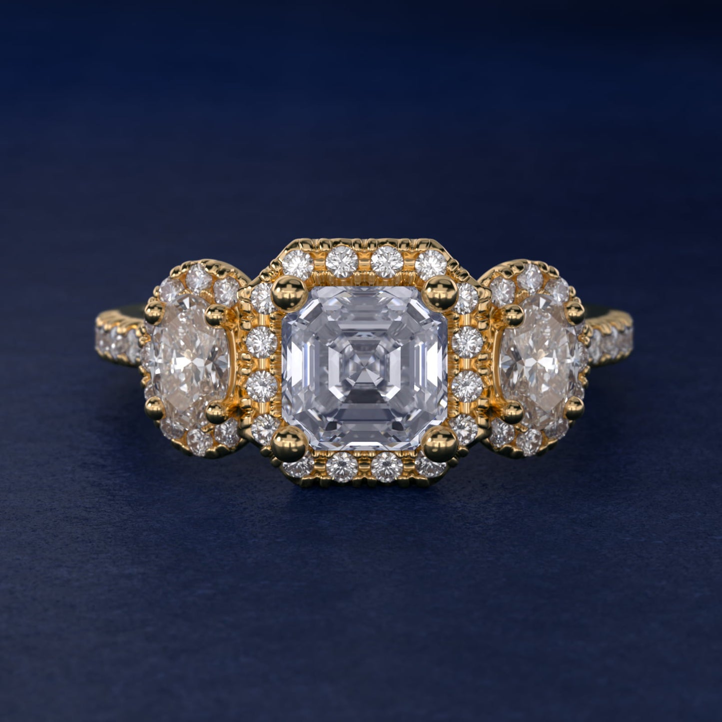 Three-Stone Oval Halo Diamond Engagement Ring in 14k Yellow Gold - Asscher Center