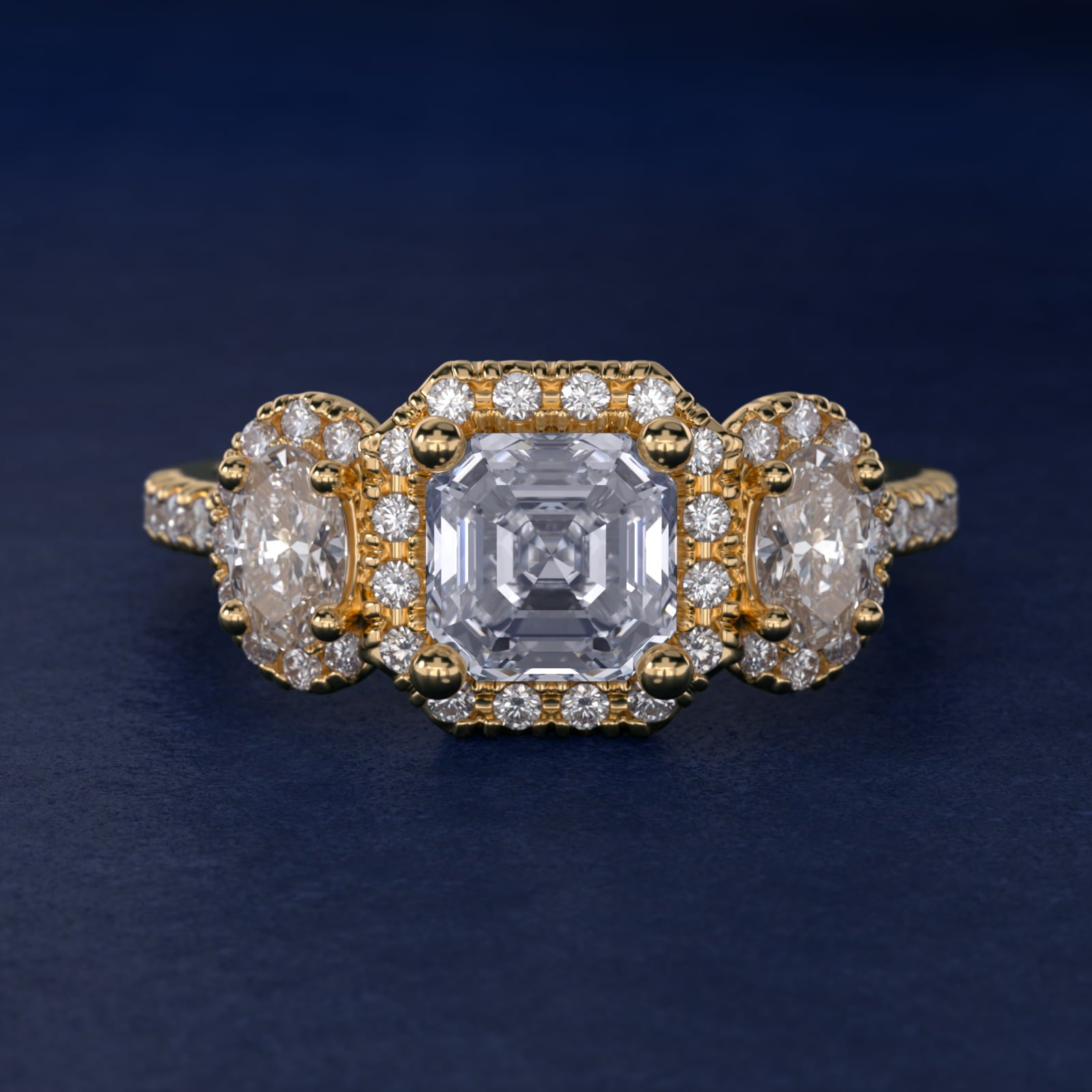 Three-Stone Oval Halo Diamond Engagement Ring in 18k Yellow Gold - Asscher Center