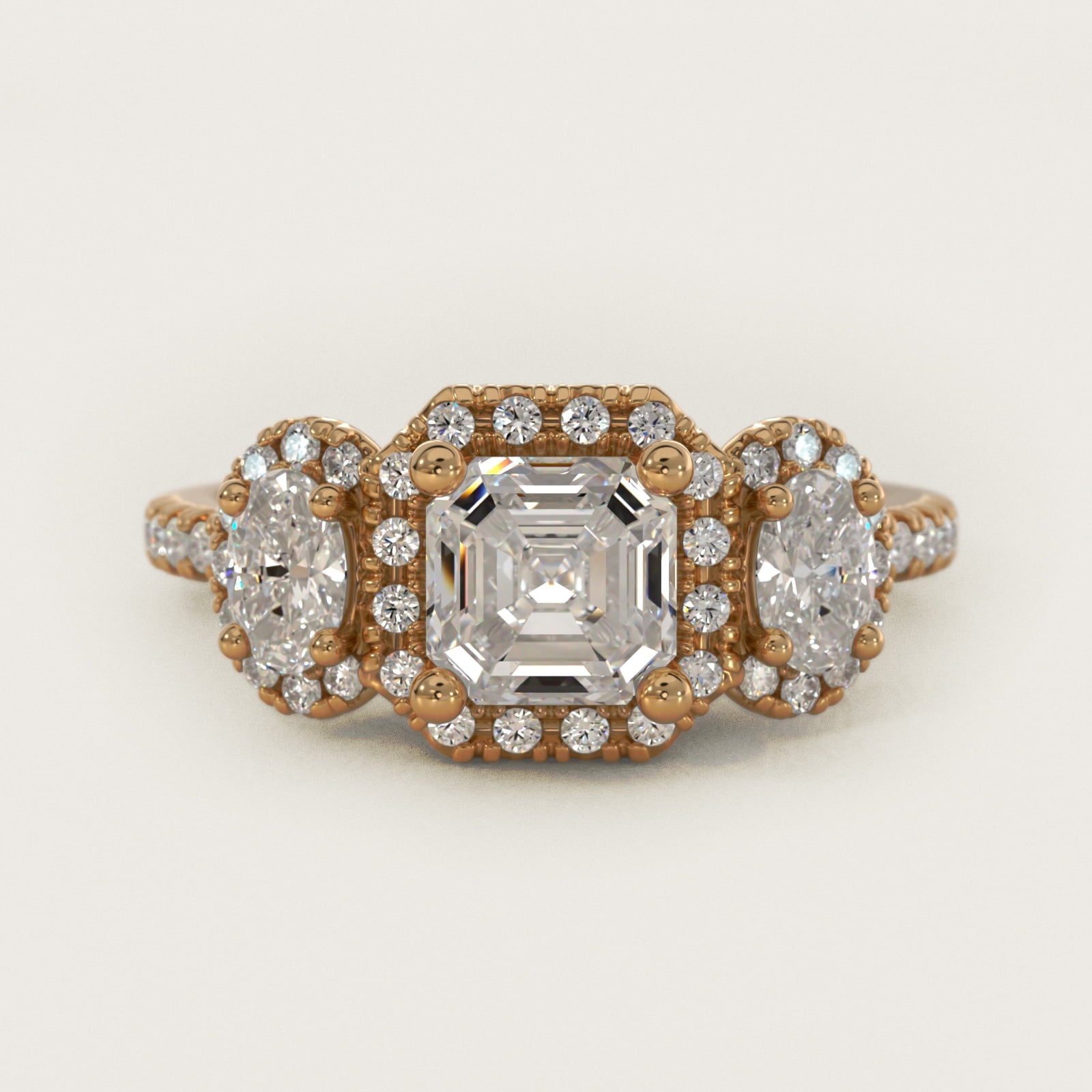 Three-Stone Oval Halo Diamond Engagement Ring in 14k Yellow Gold - Asscher Center