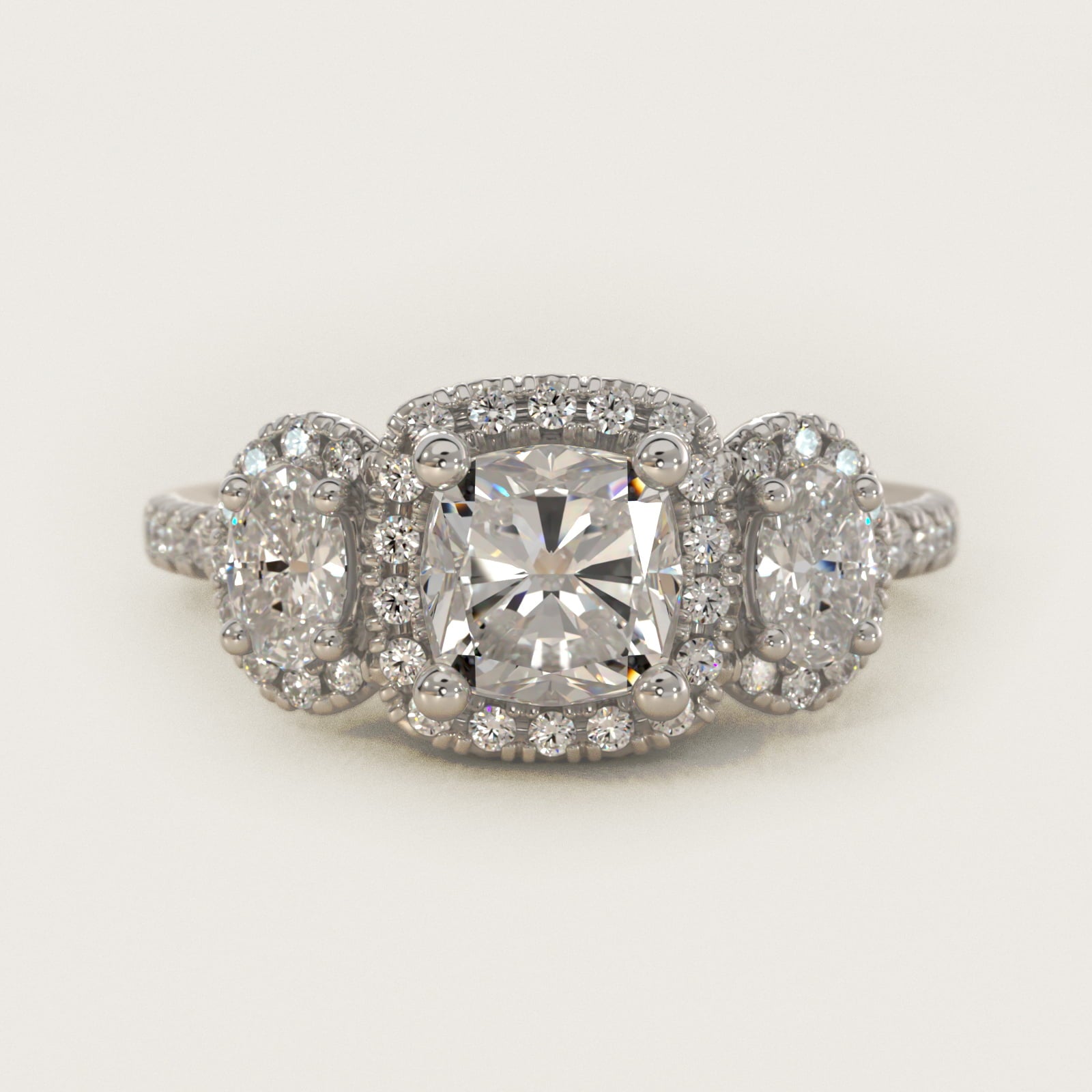 Three-Stone Oval Halo Diamond Engagement Ring in 14k White Gold - Cushion Center