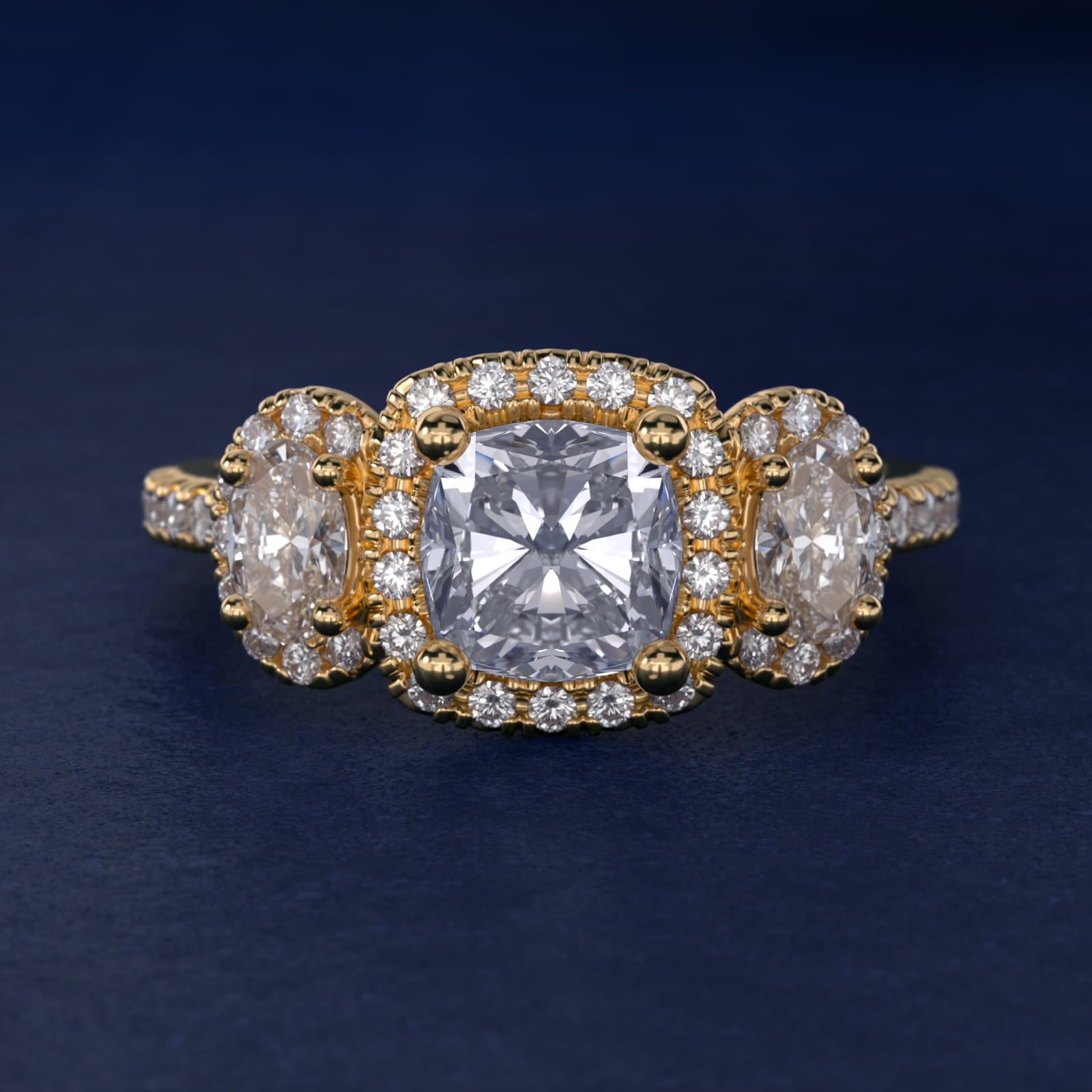 Three-Stone Oval Halo Diamond Engagement Ring in 14k Yellow Gold - Cushion Center