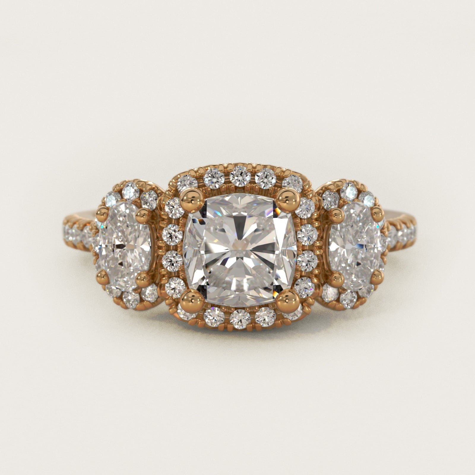 Three-Stone Oval Halo Diamond Engagement Ring in 14k Yellow Gold - Cushion Center