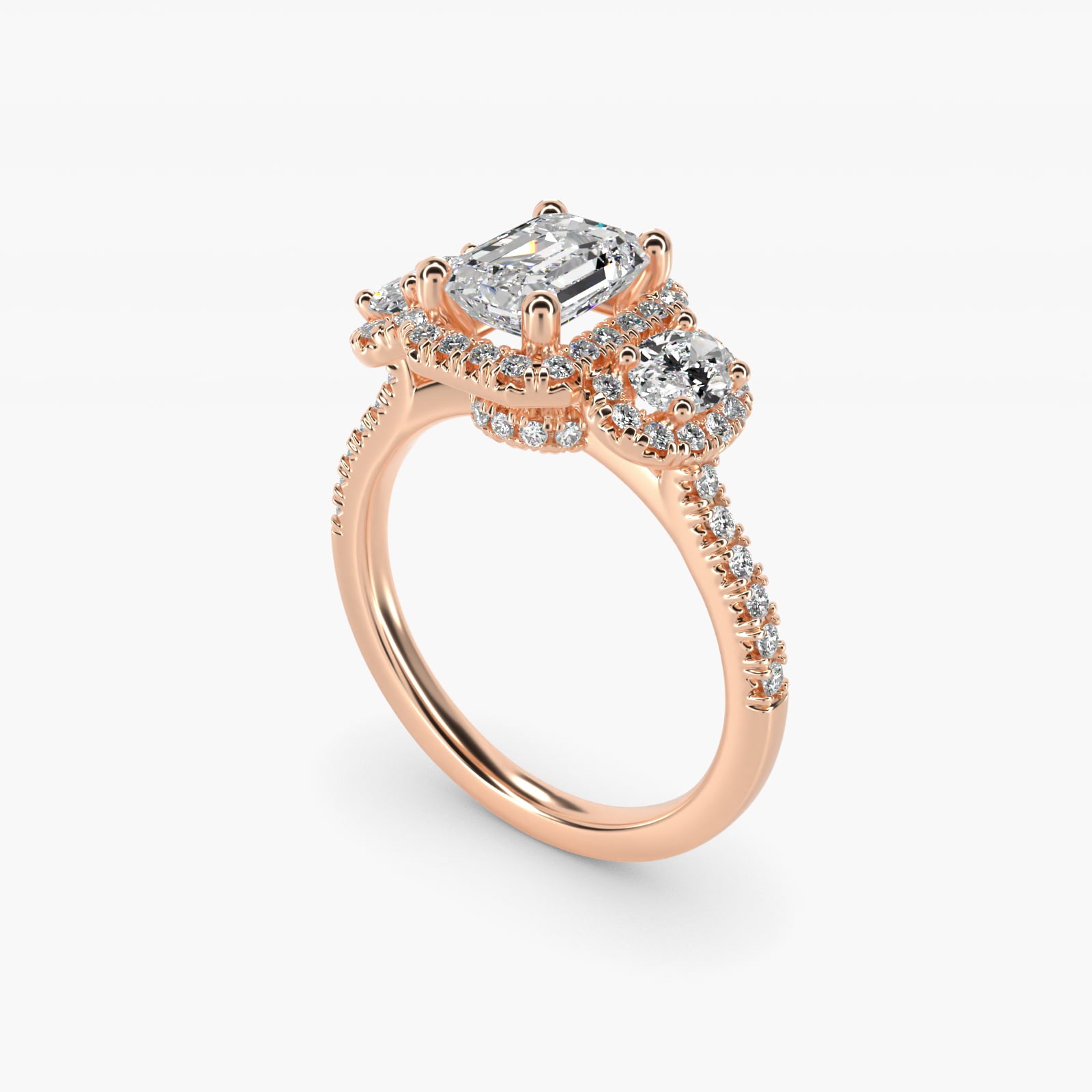 Three-Stone Oval Halo Diamond Engagement Ring in 14k Rose Gold - Emerald Center