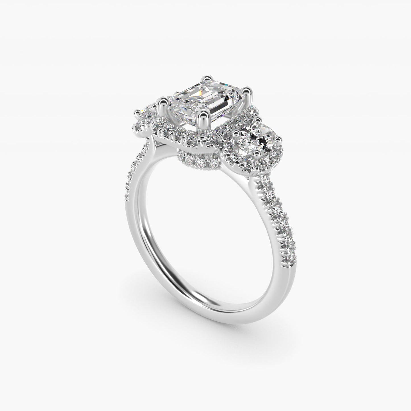 Three-Stone Oval Halo Diamond Engagement Ring in 14k White Gold - Emerald Center