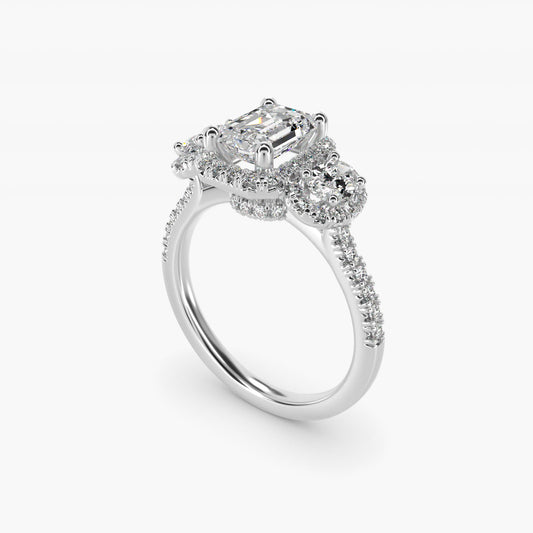 Three-Stone Oval Halo Diamond Engagement Ring in 18k White Gold - Emerald Center