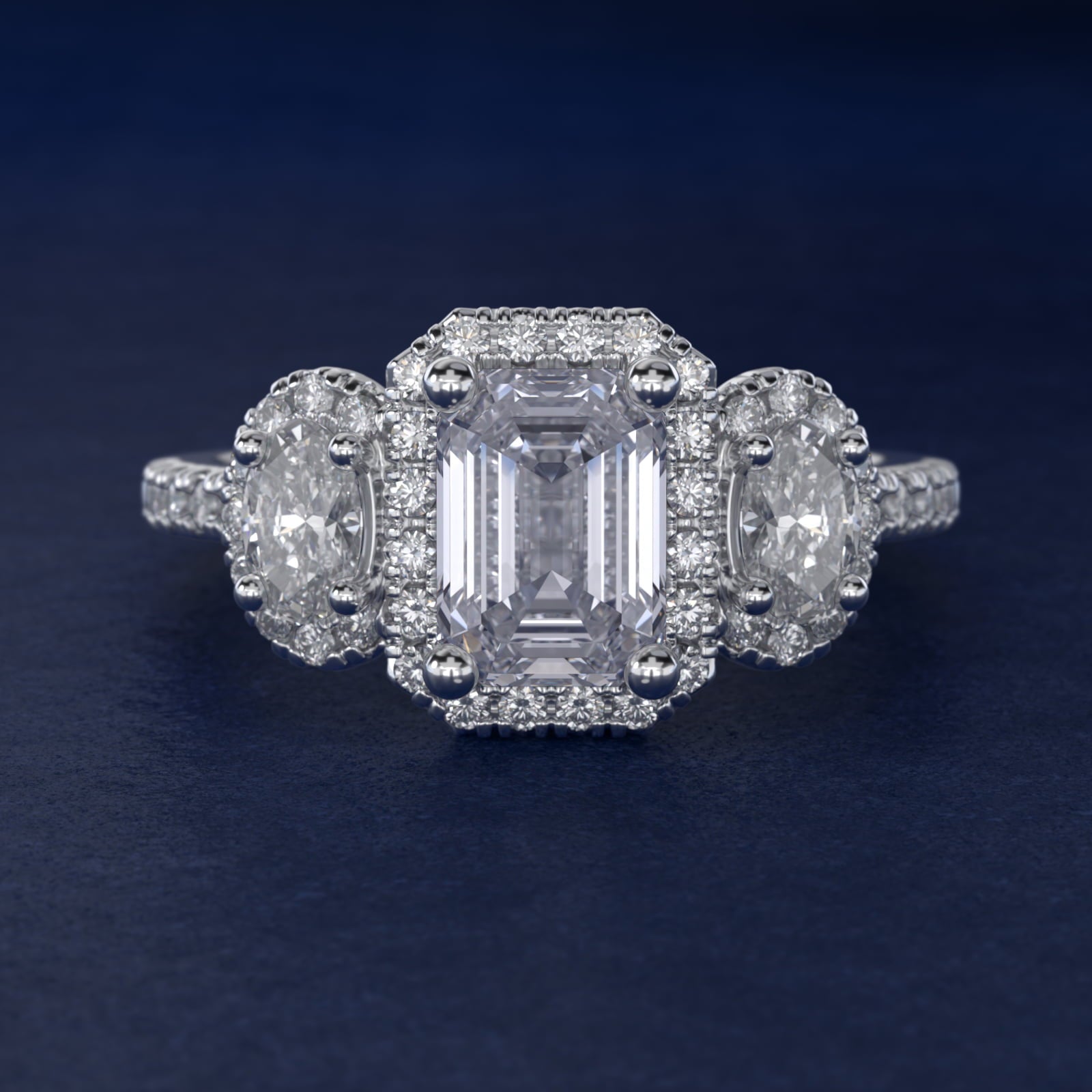 Three-Stone Oval Halo Diamond Engagement Ring in 18k White Gold - Emerald Center
