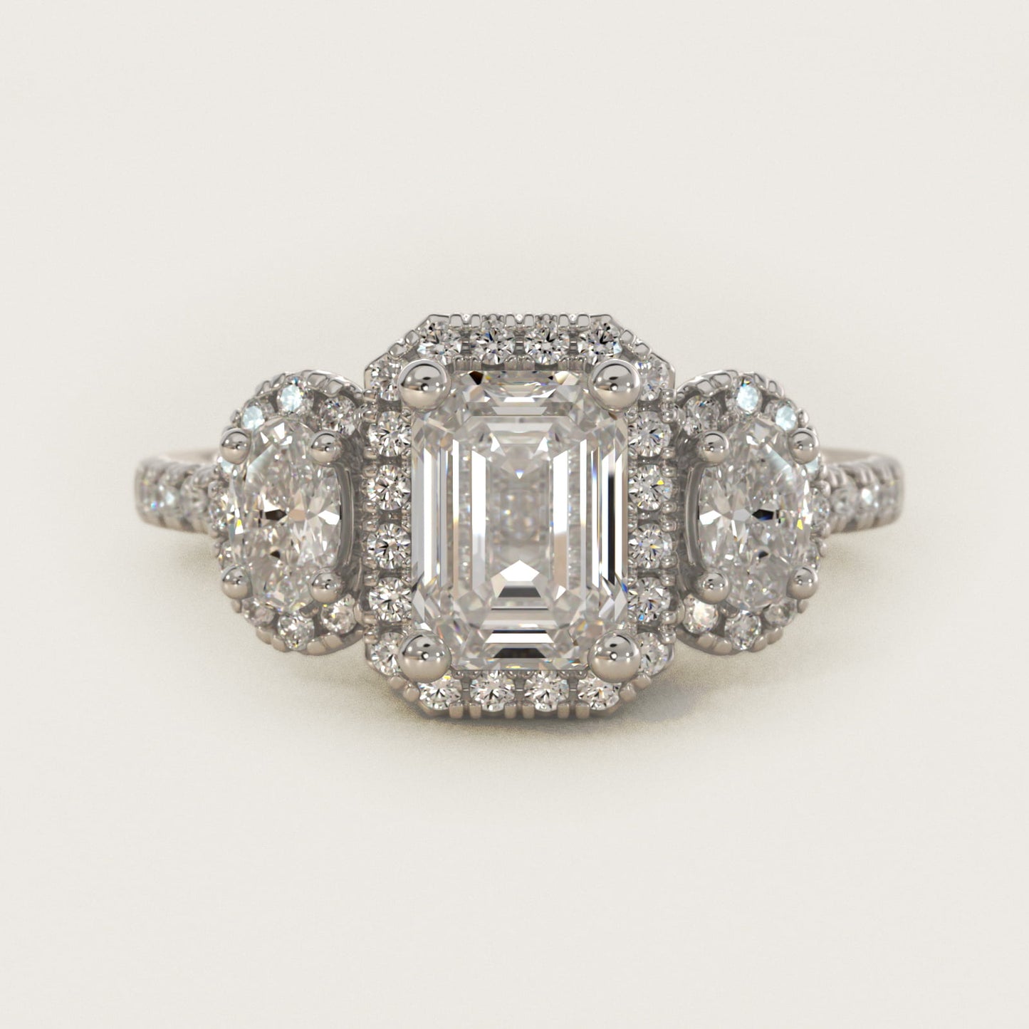Three-Stone Oval Halo Diamond Engagement Ring in 14k White Gold - Emerald Center