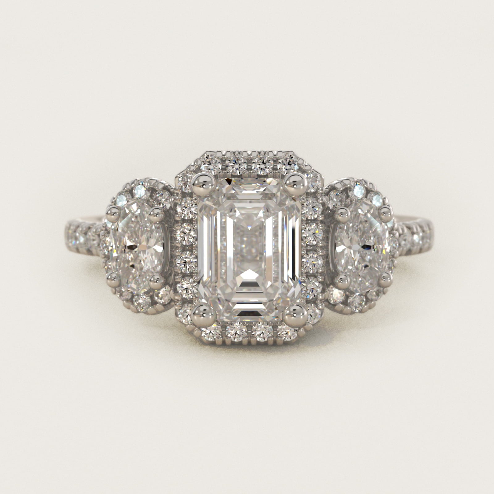 Three-Stone Oval Halo Diamond Engagement Ring in 14k White Gold - Emerald Center