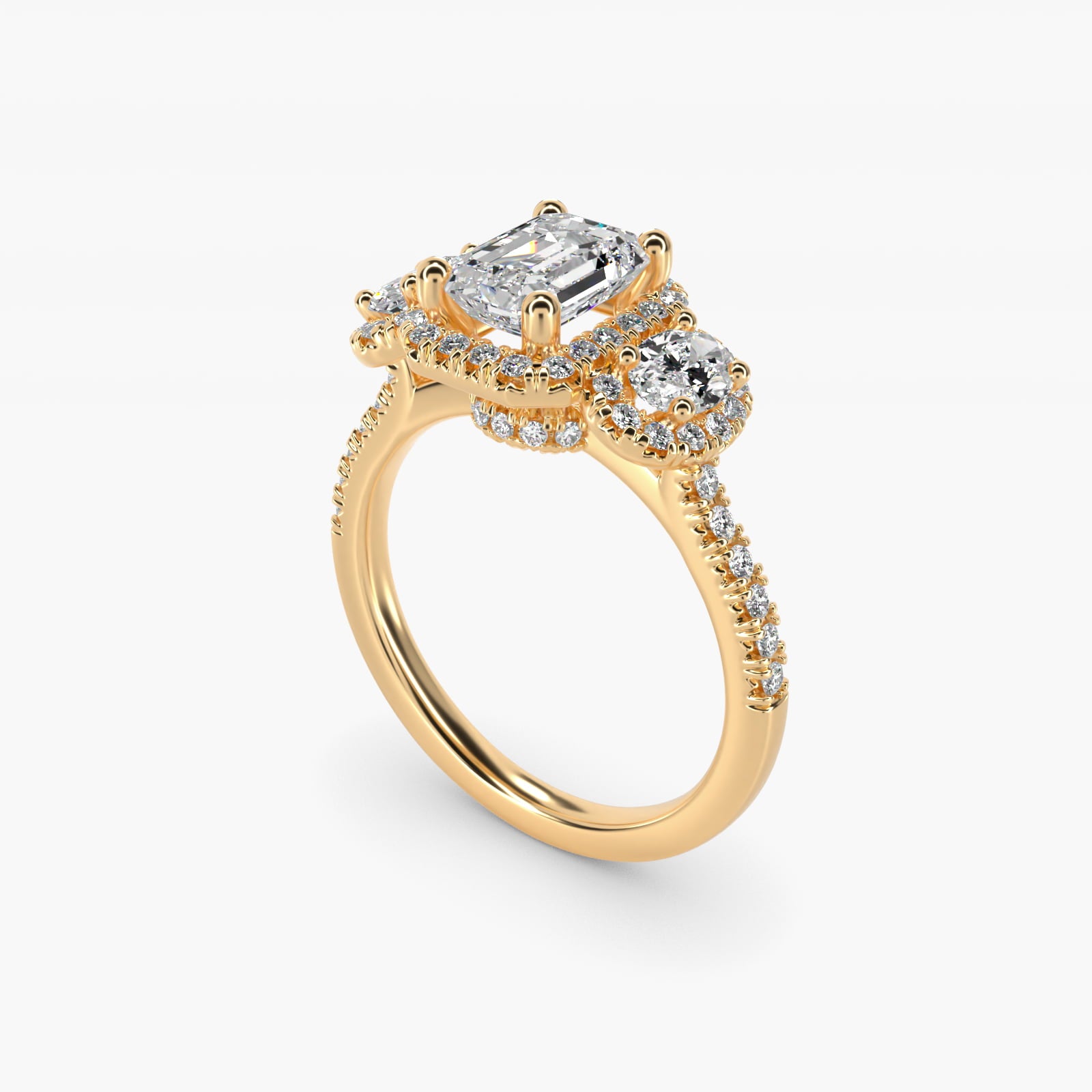 Three-Stone Oval Halo Diamond Engagement Ring in 18k Yellow Gold - Emerald Center
