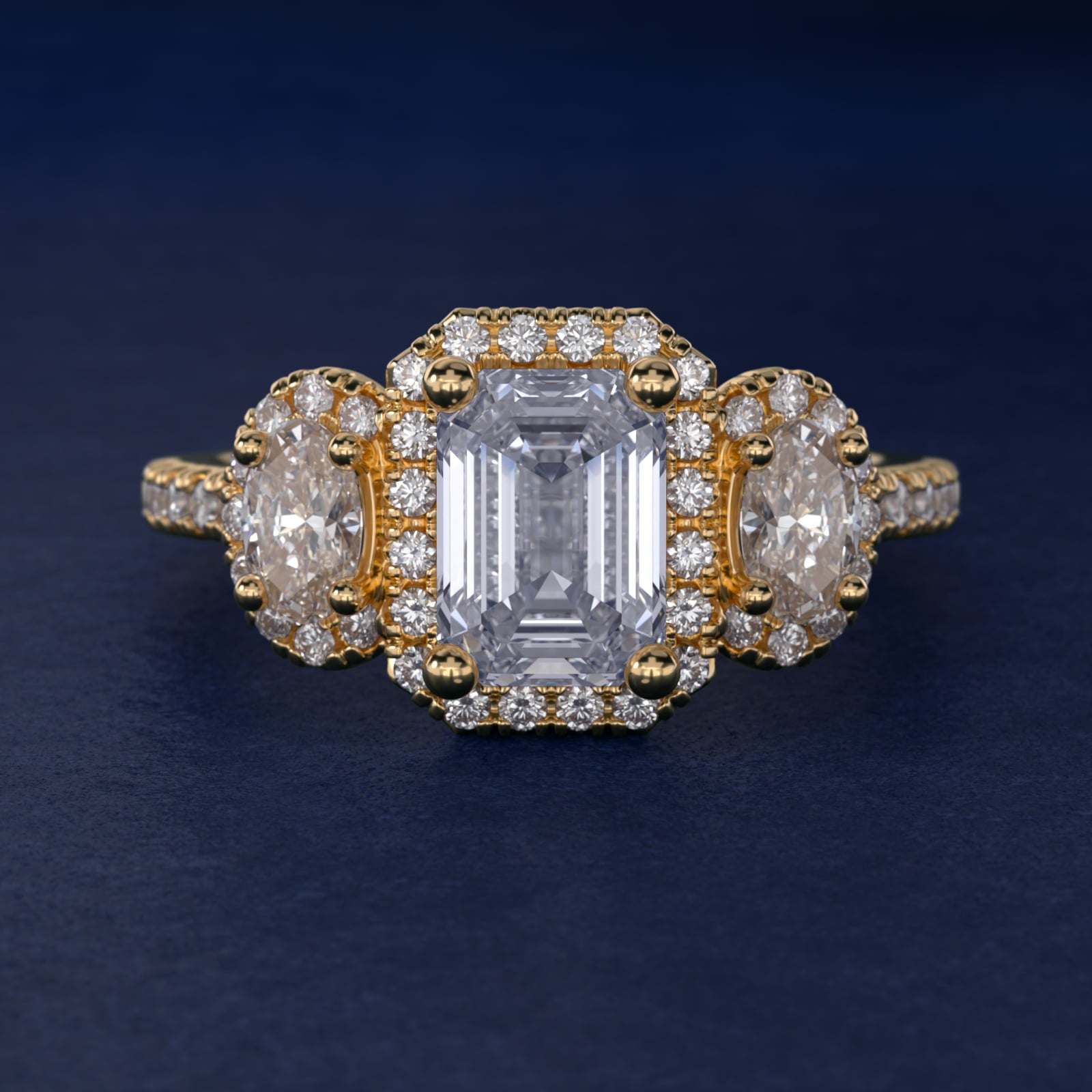 Three-Stone Oval Halo Diamond Engagement Ring in 18k Yellow Gold - Emerald Center