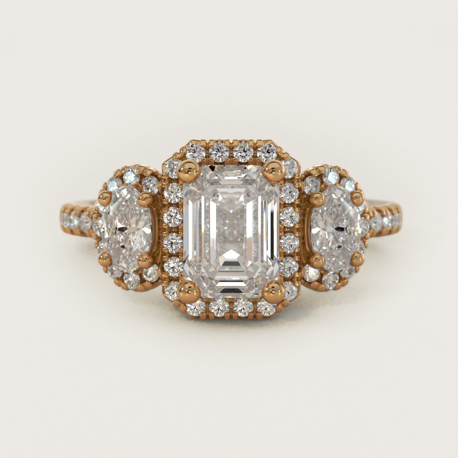 Three-Stone Oval Halo Diamond Engagement Ring in 14k Yellow Gold - Emerald Center