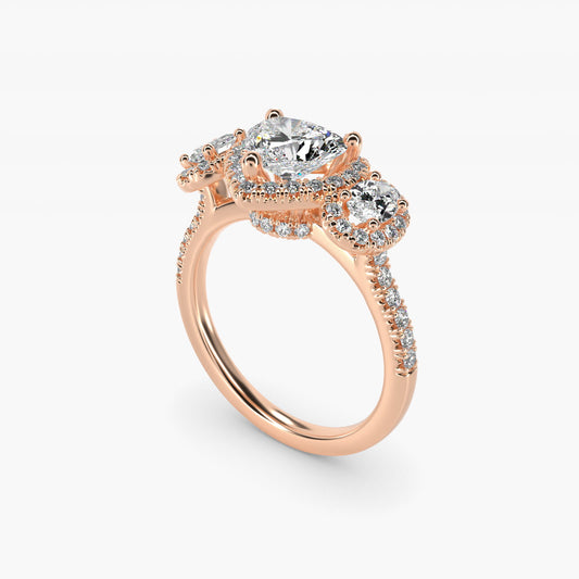 Three-Stone Oval Halo Diamond Engagement Ring in 18k Rose Gold - Heart Center