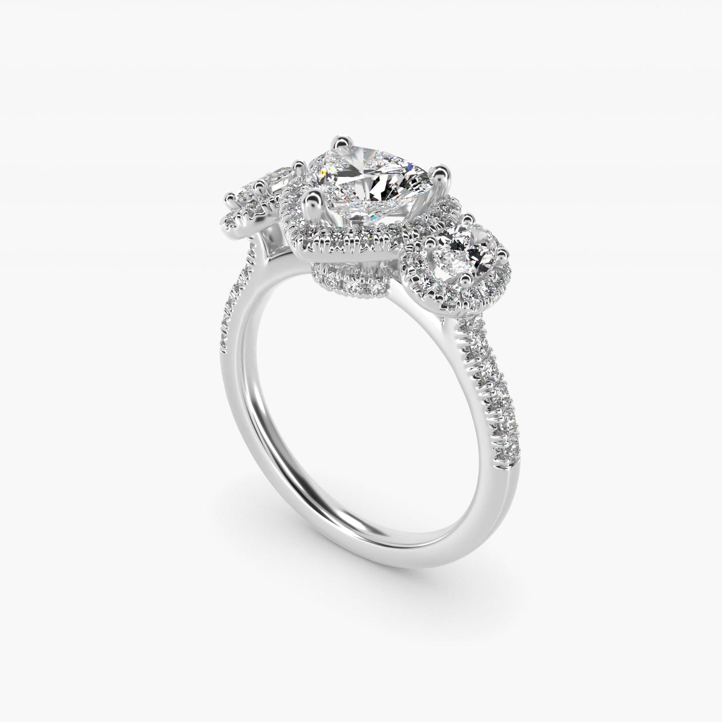 Three-Stone Oval Halo Diamond Engagement Ring in 18k White Gold - Heart Center