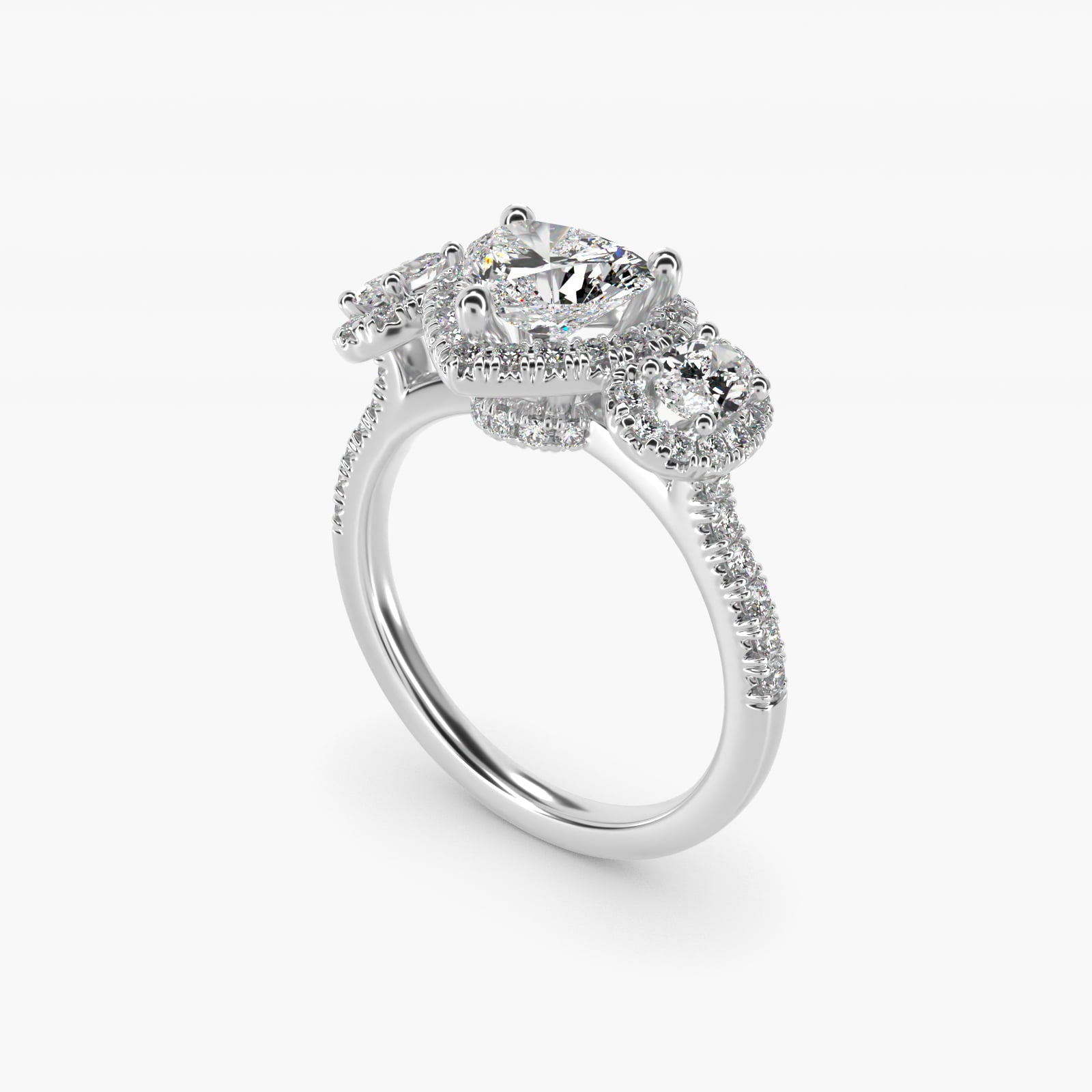 Three-Stone Oval Halo Diamond Engagement Ring in 18k White Gold - Heart Center