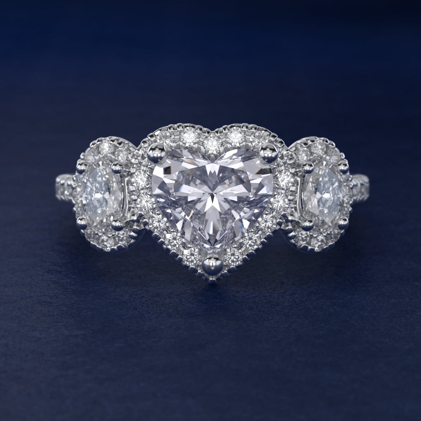 Three-Stone Oval Halo Diamond Engagement Ring in 18k White Gold - Heart Center