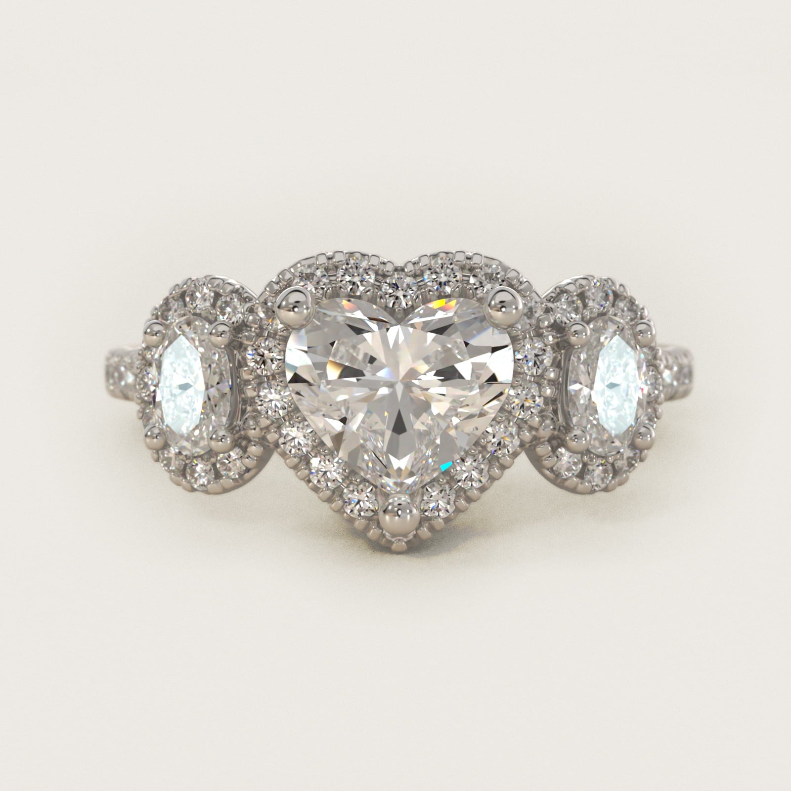 Three-Stone Oval Halo Diamond Engagement Ring in 14k White Gold - Heart Center