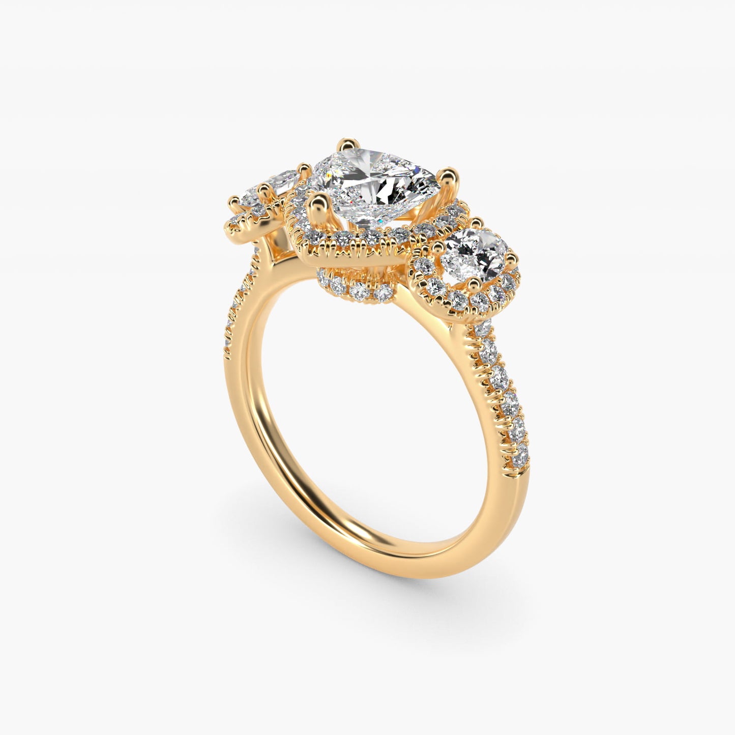 Three-Stone Oval Halo Diamond Engagement Ring in 18k Yellow Gold - Heart Center