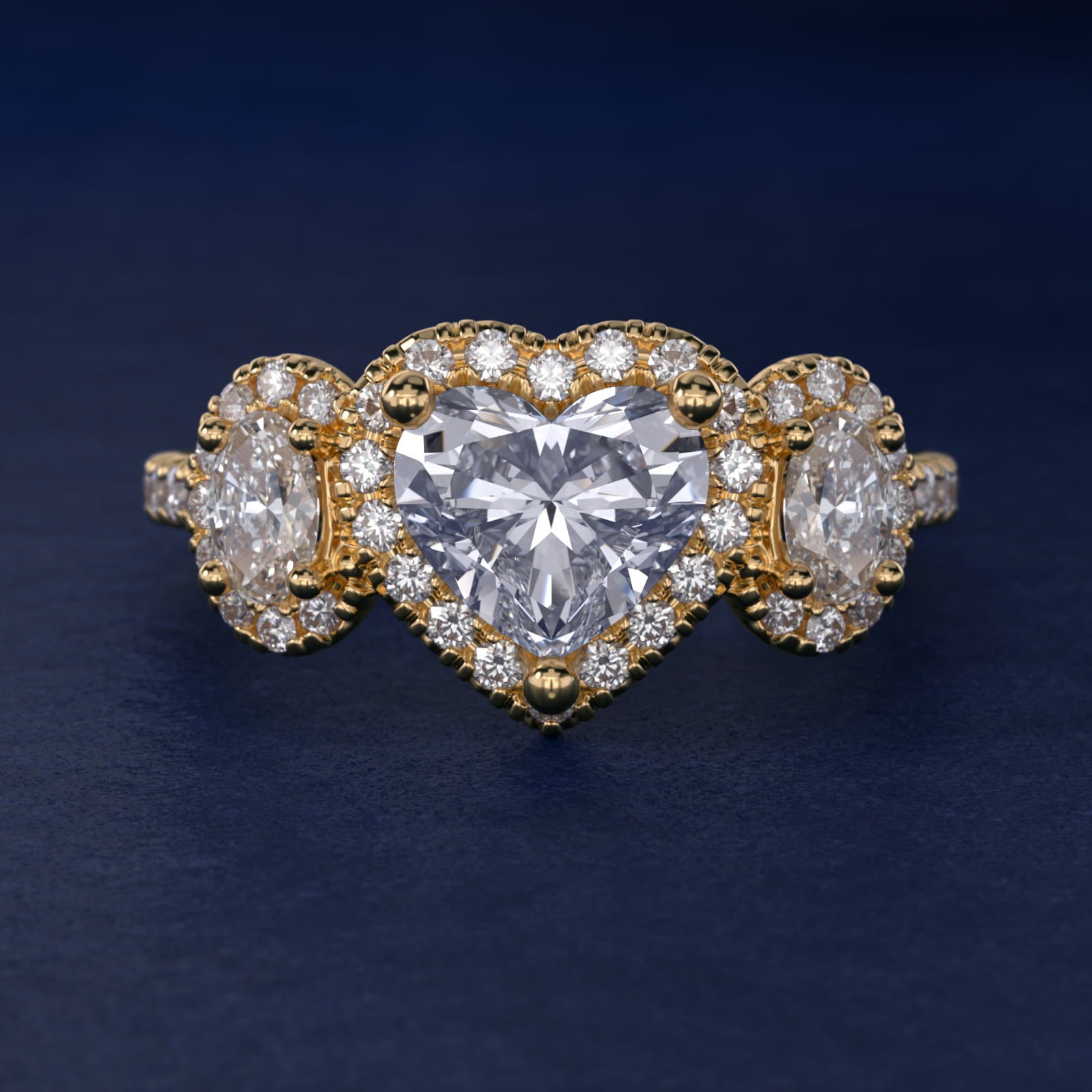 Three-Stone Oval Halo Diamond Engagement Ring in 18k Yellow Gold - Heart Center