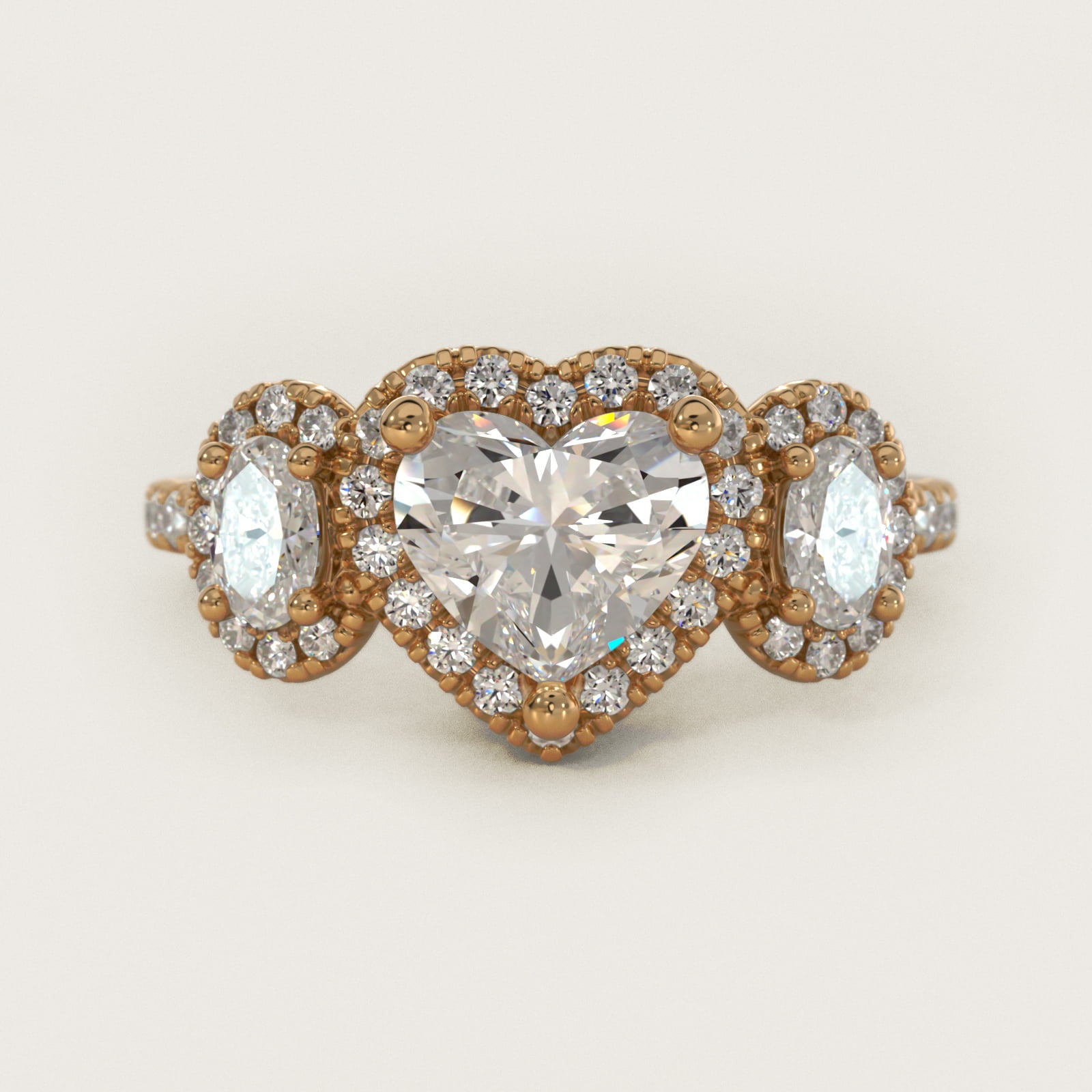 Three-Stone Oval Halo Diamond Engagement Ring in 18k Yellow Gold - Heart Center