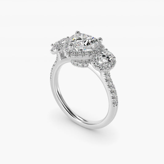 Three-Stone Oval Halo Diamond Engagement Ring in Platinum - Heart Center