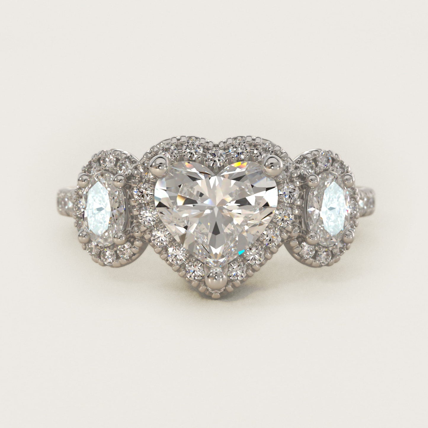 Three-Stone Oval Halo Diamond Engagement Ring in Platinum - Heart Center