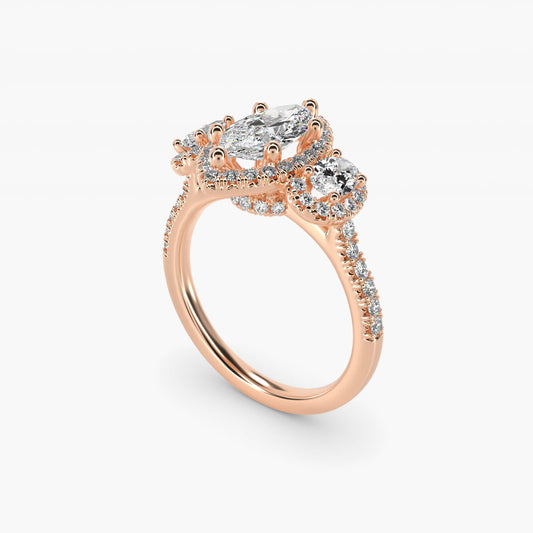 Three-Stone Oval Halo Diamond Engagement Ring in 18k Rose Gold - Marquise Center