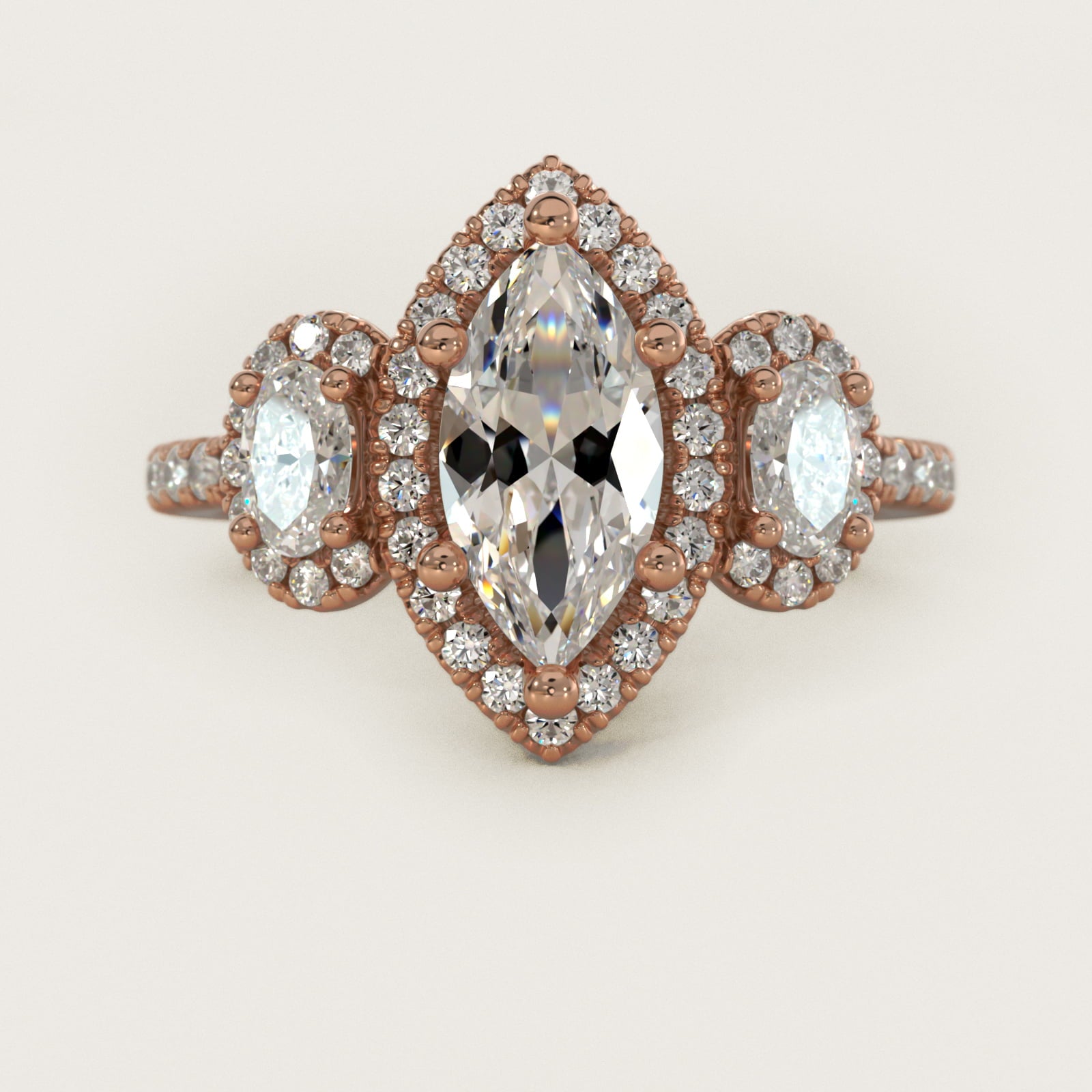 Three-Stone Oval Halo Diamond Engagement Ring in 18k Rose Gold - Marquise Center