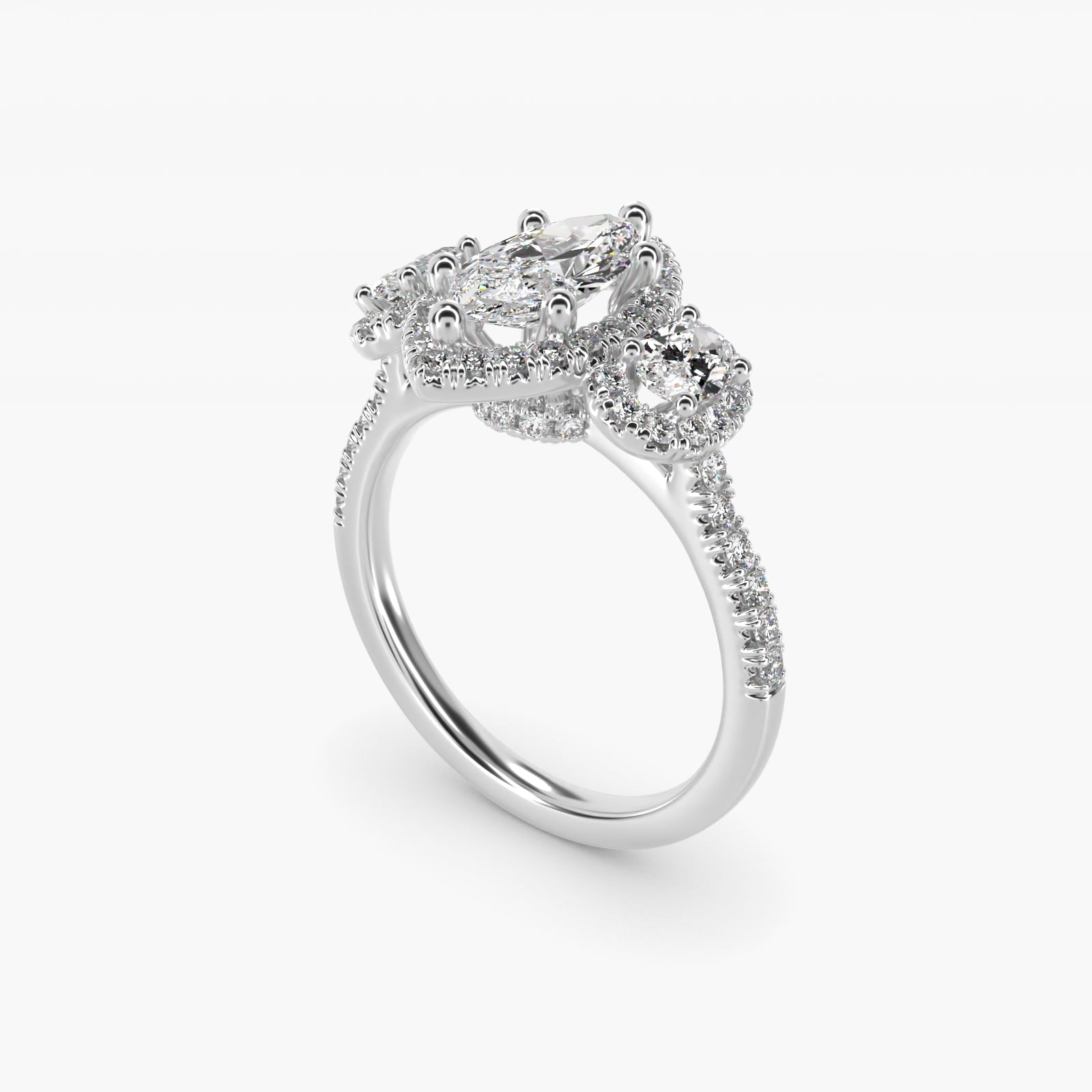 Three-Stone Oval Halo Diamond Engagement Ring in 18k White Gold - Marquise Center